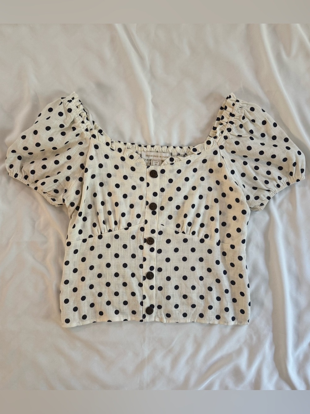 Monteau Polka Dot Crop Top, Cream & Navy Blue, Size Medium